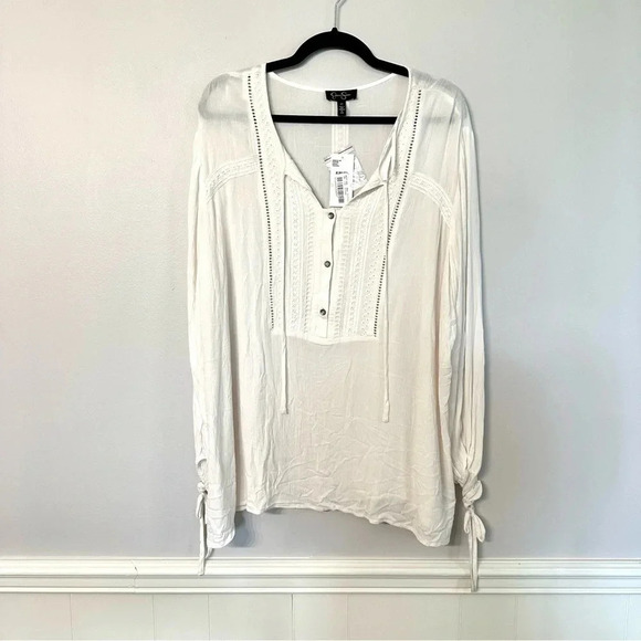 NWT Jessica Simpson Ivory Long Tie Sleeve Half Button Blouse Size 2X - Picture 2 of 10